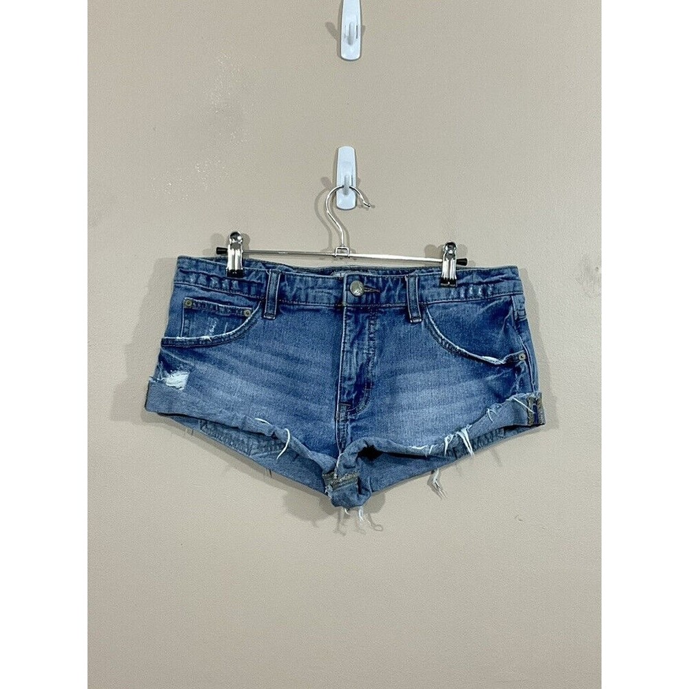 Free People Womens Cutoff Jean Shorts 26 Blue Medium Wash Distressed Mid Rise